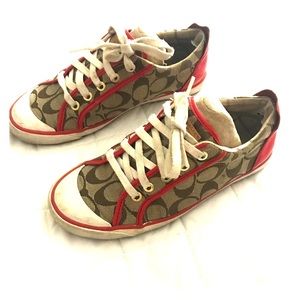 Tan coach canvas print sneakers with red accents